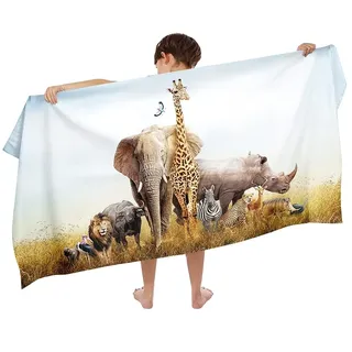 Ulticool Mikrofaser Kinder Handtuch 140 x 70 cm - Safari Tiere Dinosaurier - Leicht Reisehandtuch Schnelltrocknend Badetuch Strandhandtuch Microfaser Microfiber - Reise Strand Kind Junge Blau