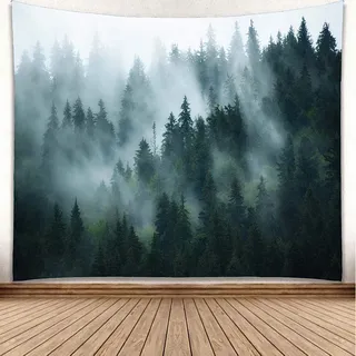 YISURE Wandteppich Wald Grün 355x230, Nebliges Wandtuch für Schlafzimmer, Extra großes Wandtuch Wald 355x230cm