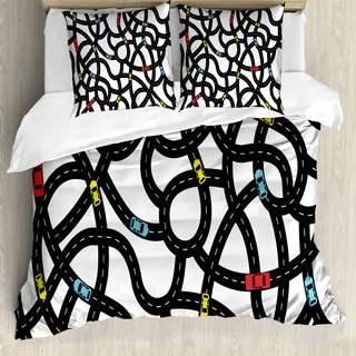 ABAKUHAUS Autos Bettbezug, Städtische Themed Straßenplanung, Milbensicher Allergiker geeignet mit Kissenbezügen, 155 cm x 220 cm - 80 x 80 cm, Schwarz, Gelb, Blau - Schwarz