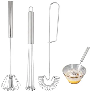 Schneebesen Set Edelstahl, 3 Stück Mini Rührbesen, Inklusive Halbautomatischer Schneebesen, Spiralschneebesen, Rührbesen Quirl mit Perlen, Handschneebesen für Mischen, Aufschäumen