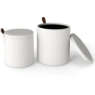 FANTASK 2er Set Rund Ottoman mit Stauraum (25L + 40L), stilvoller Sitzhocker verschachtelbar mit Deckel, Schminkhocker für Wohnzimmer, Schlafzimmer & Flur (Weiß)