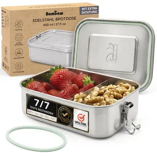 Bambaw Edelstahl Brotdose Kinder 800ml, Lunchbox Schule mit Fächern, Bentobox Plastikfrei, Brotzeitbox Auslaufsicher, Spülmaschinenfest, Jausenbox, Lunchbox Metall, Brotdose Edelstahl