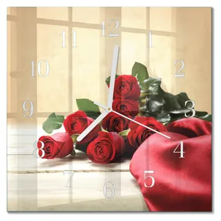 Tulup Glasuhr Wanduhr Küchenuhr Echt-Glas 30x30 cm Modern Dekorativ Geräuschlos Weiße Zeiger - Rosen - Rot