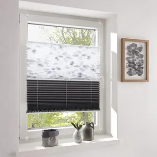Sekey Plissee Day+Night Doppelplissee Verdunkelung ohne Bohren verspannt Lichtschutz 85x130cm Druck+Dunkelgrau