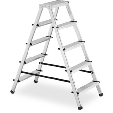 Relaxdays Trittleiter klappbar, 5 Stufen, Treppenleiter Aluminium, Leiter bis 125 kg, HBT: 102,5 x 45,5 x 92 cm, Silber