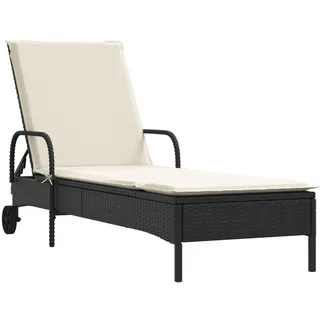 vidaXL Sonnenliege Mit Rollen Und Auflage Schwarz Poly Rattan , Creme , Kunststoff , Rechteckig , 161x87x61 cm , Gartenmöbel, Gartenliegen