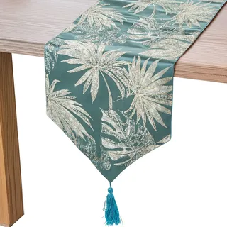DRW Tischläufer aus Polyester mit Blättern in Blau, 30 x 1 x 180 cm