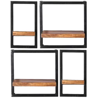 Mid.you Wandregalset , Naturfarben, Schwarz , Holz, Metall , 4-teilig , Mangoholz , massiv , 4 Fächer , 60x75x25 cm , Wohnzimmer, Regale, Wandregale