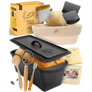 KRUSTENZAUBER Brotbackfrom mit Deckel im XXL Komplettset - Robuste 28cm Gusseisen Brot Backform - Ideal als Kastenform Brot inkl. Gärkorb, Schneebesen, Bäckermesser, Teigschaber, Brotschlinge & mehr