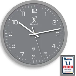 Holzwerk FRIEDBERG Funk Natur Holz Funkwanduhr Wanduhr Holz-Uhr Vintage Funkuhr lautloses Uhrwerk ohne Tickgeräusche Buche Braun Grau Weiß lautlos aus handgefertigtem Massivholz 30 cm