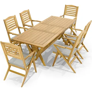 Robuste Holz Gartenmöbel Edler Esstich Designer 6x Gartenstühle 7tlg - Grau, Braun