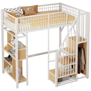 Beaok Hochbett 90/200 cm in Weiß – mit Stauraumtreppe und offenem Unterbau , Metall , 90x200 cm , Babymöbel & Kindermöbel, Kinderzimmer & Jugendzimmer, Kinderbetten, Hochbetten