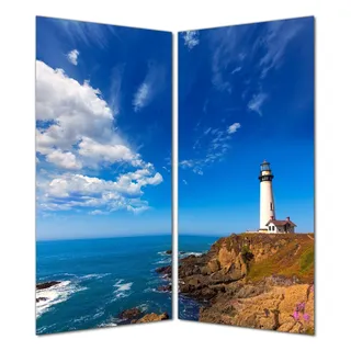 Wallario selbstklebende Duschrückwand 180 x 200 cm mit Motiv Leuchtturm auf einem Felsvorsprung - Blauer Himmel - Wandverkleidung mit Hochglanzlaminat in Glasoptik