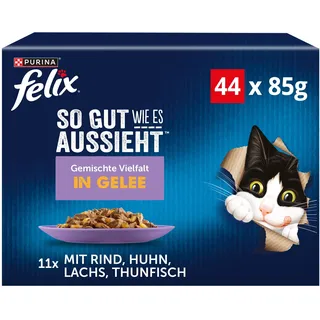 FELIX So gut wie es aussieht Nassfutter für Katzen Gemischte Vielfalt Vorteilspack, 44 praktische Portionsbeutel, zarte Stückchen in Gelee, 4 leckere Sorten, 100% vollständige Ernährung