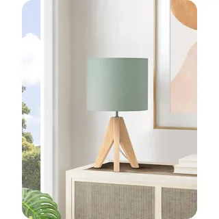 EDISHINE Tischlampe Vintage, Nachttischlampe Grün, Stativ Holz LED Tischleuchte, Retro Landhaus, E27 Lampe, Lampenschirm aus Leinen, für Deko Schlafzimmer, Wohnzimmer