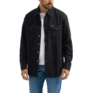 Wrangler Iconic Jeanshemd mit Druckknöpfen für Herren, reguläre Passform, Schwarz Denim, XL