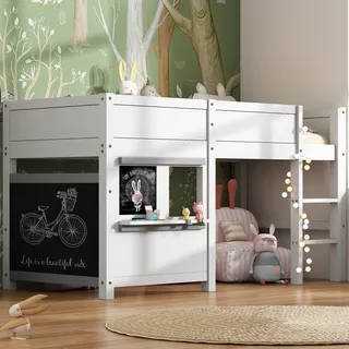 Merax Hochbett 90x200cm mit Rausfallschutz und Lattenrost, Etagenbett mit 2 Tafeln, Kinderbett mit Leiter, Kieferholzbett Spielbett Jugendbett, Weiß - Weiß