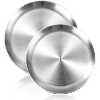 Edelstahl Rundes Geschirr, Pizzablech 2 Stück Edelstahl Teller, Platzteller, Pizza Backblech, Servierteller, Grillschale, Leicht zu reinigen, für Outdoor Camping Picknick Home Party (Φ20 cm / 23 cm)