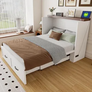 Klappbett 140 x 200 cm mit Ausziehfunktion, Stauraum, EU-Steckdose, geräuscharmen Rollen, Metallrahmen, platzsparend, Gästebett, Weiß - Weiß
