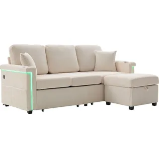 Redom Sofa Corduroy mit LED und USB-Anschluss Stauraumschubladen auf Rollen 194/73/81 cm Beige , Textil , 194x73 cm , Wohnzimmer, Sofas & Couches, Wohnlandschaften, Ecksofas
