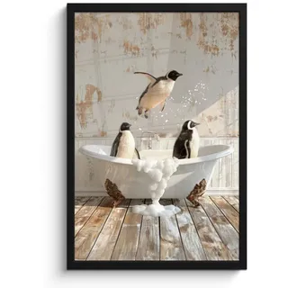 MuchoWow Poster MIT Rahmen Vintage - Pinguin - Badewanne - Schaumstoff Bilder mit Rahmen 40x60 cm , Schwarz , Papier , Rechteckig , 40x60 cm , gerahmt , Bilder & Rahmen, Bilder