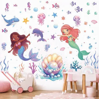 SHUHCING Wandtattoo Meerjungfrau Groß, Wandsticker Muschel Unter dem Meer, Selbstklebend Wandaufkleber für Mädchen Prinzessin Schlafzimmer Spielzimmer Kinderzimmer Babyzimmer