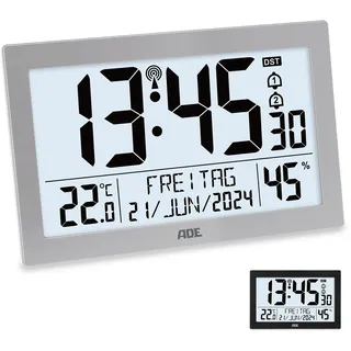 ADE Digitale Funkuhr mit großem XL-Display | Kalender | mit Temperaturanzeige & Hygrometer | Wanduhr | Funkwecker mit 2 Weckzeiten und Schlummerfunktion | Silber