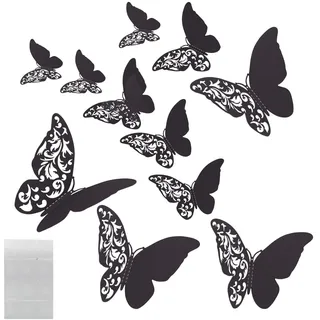 MultiValue 3D Schmetterlinge Deko, 12 Stück Schmetterling Wanddeko mit Kleber 3 Größe 3D Schmetterling Gartendekoration Wand Deko für Hochzeit Party Balkon Wand (12, Schwarz)