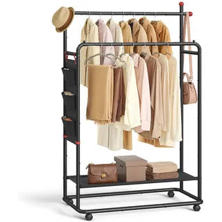 SONGMICS HOME Kleiderständer auf Rollen, Garderobenständer, 2 Kleiderstangen, Ablagefläche, seitlicher Organizer, Haken in Streichholz-Form, stabil, Schlafzimmer, Flur, tintenschwarz HSR171B01