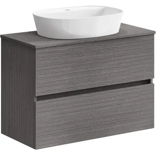 Baikal Onyx 282834036 Badezimmerschrank mit 2 Schubladen, hängender Wandschrank, mit Keramikwaschbecken, Melamin 16, Schrank F39 + Top + Waschbecken 90 cm, Asche