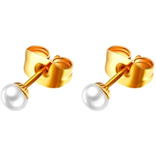 JewelryWe Schmuck Damen Ohrstecker, 4mm Hochwertige Süßwasser Zuchtperlen Edelstahl Perlenohrstecker Ohrringe mit Weiß Echten Perlen, Gold