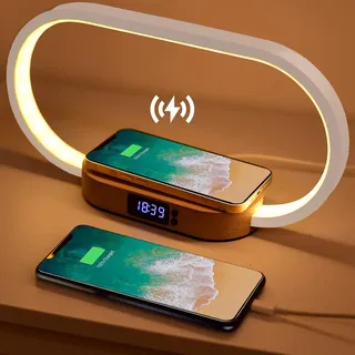 Wanjiaone Nachttischlampe mit Ladefunktion, Nachttischlampe mit Uhr und USB-Aufladung, 15W Wireless Charger, 3 Farbmodi, Tischlampe Touch Dimmbar für Schlafzimmer Büro, Holz&Weiß