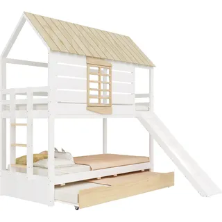 Etagenbett mit 2 Liegeflächen, Gästebett, Lattenrost, Dach, Rausfallschutz, Rutsche, 90x200cm, Kinderbett, Hausbett, Kiefer - Weiß