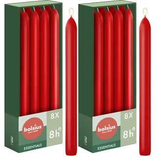 Bolsius Glatte Stabkerzen - Rot - 8 Stück im Karton - 24 cm - Länge Brenndauer 8 Stunden - Unparfümierte - Enthält Natürliches Pflanzenwachs - Ohne Palmöl (Packung mit 2)