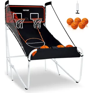 Vevor Faltbaes Indoor-Basketballspiel für 2 Spieler, Basketballautomat, Baskeltballständer mit 5 Bällen & 8 Spielmodi & 2 Basketballkörben & Aufblaspumpe, für Kinder, Erwachsene (Schwarz & Weiß)