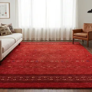 Wollteppich THEKO "Lori Star Gold" Gr. 3, rot, B:140cm H:12mm L:200cm, Wolle, Teppiche, Wollteppich, reine Wolle, handgewebt, ideal im Wohnzimmer & Schlafzimmer