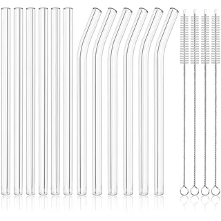 CareHabi Strohhalme Dlas 12PCS Glasstrohhalme Wiederverwendbar Set | 6 gerade Glasstrohhalme + 6 gebogene Glasstrohhalme 10×215 mm, 4 Reinigungsbürsten für Smoothies, Cocktails und Getränke