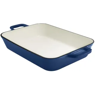 GRAND FEU Emaillierter Gusseisen-Bräter zum Backen, Schmoren und Braten - Stilvolle, Minimalistische Auflaufform aus Gusseisen mit Emaille-Beschichtung außen und innen - Fassungsvermögen 3.2L, Blau