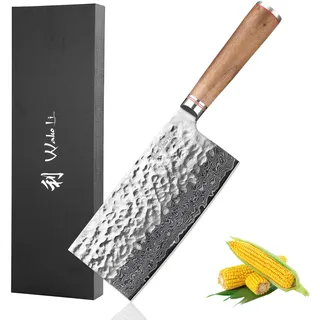 Wakoli Nussbaum Chinesisches Kochmesser aus Damaststahl (VG10 Kern) mit 17,5 cm Klinge – Scharf & ausgewogen – Damastmesser mit Nussbaumgriff in Geschenkbox – Küchenmesser für Fleisch, Fisch, Gemüse