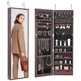 VEVOR abschließbarer Schmuckschrank Schmuckspiegelschrank 1,2m hohe, Aufbewahrung von Juwelen mit Ganzkörperspiegel, Schmuckspiegel-Organizer mit LED-Innenbeleuchtung & Samtfutter & Schublade, braun