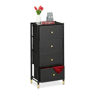 Relaxdays Kommode, HxBxT: 98,5 x 46 x 30 cm, 4 Schubladen, Sideboard Stoff & Stahl, Schubladenschrank, schwarz/gold