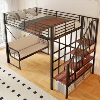 STILVORA Etagenbett 140x200 cm mit Matratze Bettgestell mit abnehmbarem Polstersofa, Hochbett mit Stauraum und Sicherheitstreppe, Metallbett für Kinder Jugendliche und Erwachsene,Schwarz - Schwarz