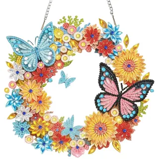 Scinzene Diamond Painting Schmetterling Wandanhänger 20cm – Frühling Blumenkranz zum Aufhängen, Fensterbilder & Diamond Painting Deko für Zuhause und Frühjahrsprojekte