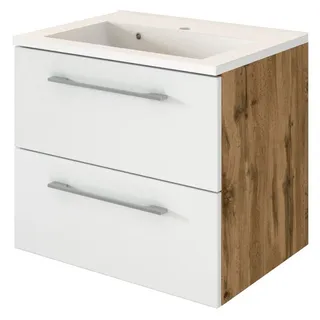 Lomadox Waschtisch-Unterschrank mit Mineralgussbecken Wotaneiche Nb. matt weiß, B/H/T: ca. 60/54/48 cm - Braun
