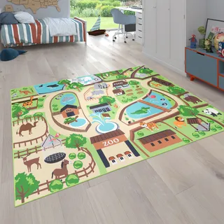 Paco Home Kinderteppich »Bino 563«, rechteckig, 4 mm Höhe, Kurzflor, Straßen-Spiel-Teppich, Motiv Zoo, Kinderzimmer, Spiel-Teppich, Mit Tiger, Bär, Löwe, Bunt, Grösse:140x200 cm