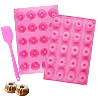 2 Stück Mini Gugelhupfform Silikon,Gugelhupf Backform Klein mit Antihaftbeschichtung,Kleine Gugelhupfform mit Silikonspatel für Kuchen Muffins Brownie Pudding,Wiederverwendbare 29×19.5×2 cm, Rosa