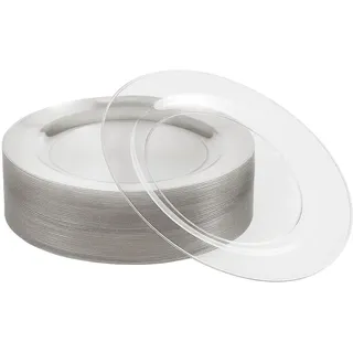 MATANA 25 Transparente Dessertteller aus Hartplastik, Kleine Partyteller mit Silberglitzer, 19cm - Elegant, Stabil & Mehrweg - Hochzeiten, Geburtstage, Taufen, Weihnachten, Grillpartys, Partys