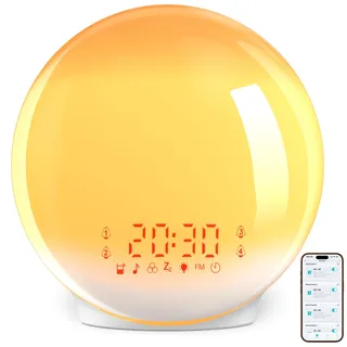 Tageslichtwecker, Lichtwecker Sonnenaufgang Simulation mit 4 Alarme, App Steuerung, Wecker mit Radio, 7 Naturgeräuschen, Snooze, 12 Farbmodi, 20 Helligkeitsstufen, Für Erwachsene, Babys (Gelb)