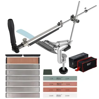 EXLECO 14Pcs Messerschärfer Profi Knife Sharpener Messerschleifer 360° Flip Drehung Messerschärfsystem Festwinkel Messer Schleifen mit Schnellspann 4 Schleifsteine 6 Diamantsteine Leder Streichriemen