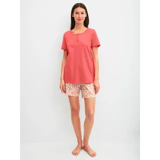 Shorty CALIDA "Flower Nights", Damen, Gr. L (48/50), rose of sharon, Single Jersey, Obermaterial: 100% Baumwolle, bequem kurz, Rundhals, Homewear-Sets Shorty, mit Rundhalsausschnitt, Kurzarm und geblümten Shorts